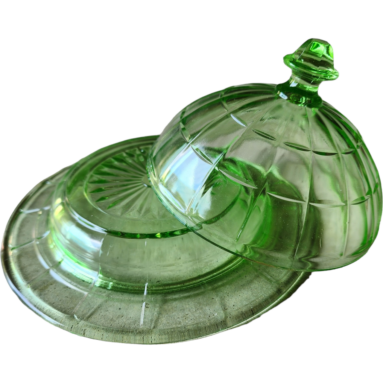 Hazel-Atlas Glass Company Colonial Block Green Uranium Round Covered Butter