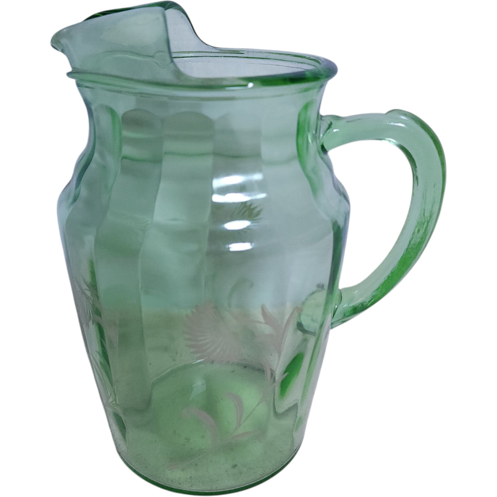 Hazel Atlas Green Uranium Glass Water Pitcher - Aster Pattern, 80 oz
