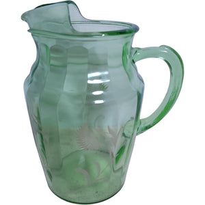 Hazel Atlas Green Uranium Glass Water Pitcher - Aster Pattern, 80 oz