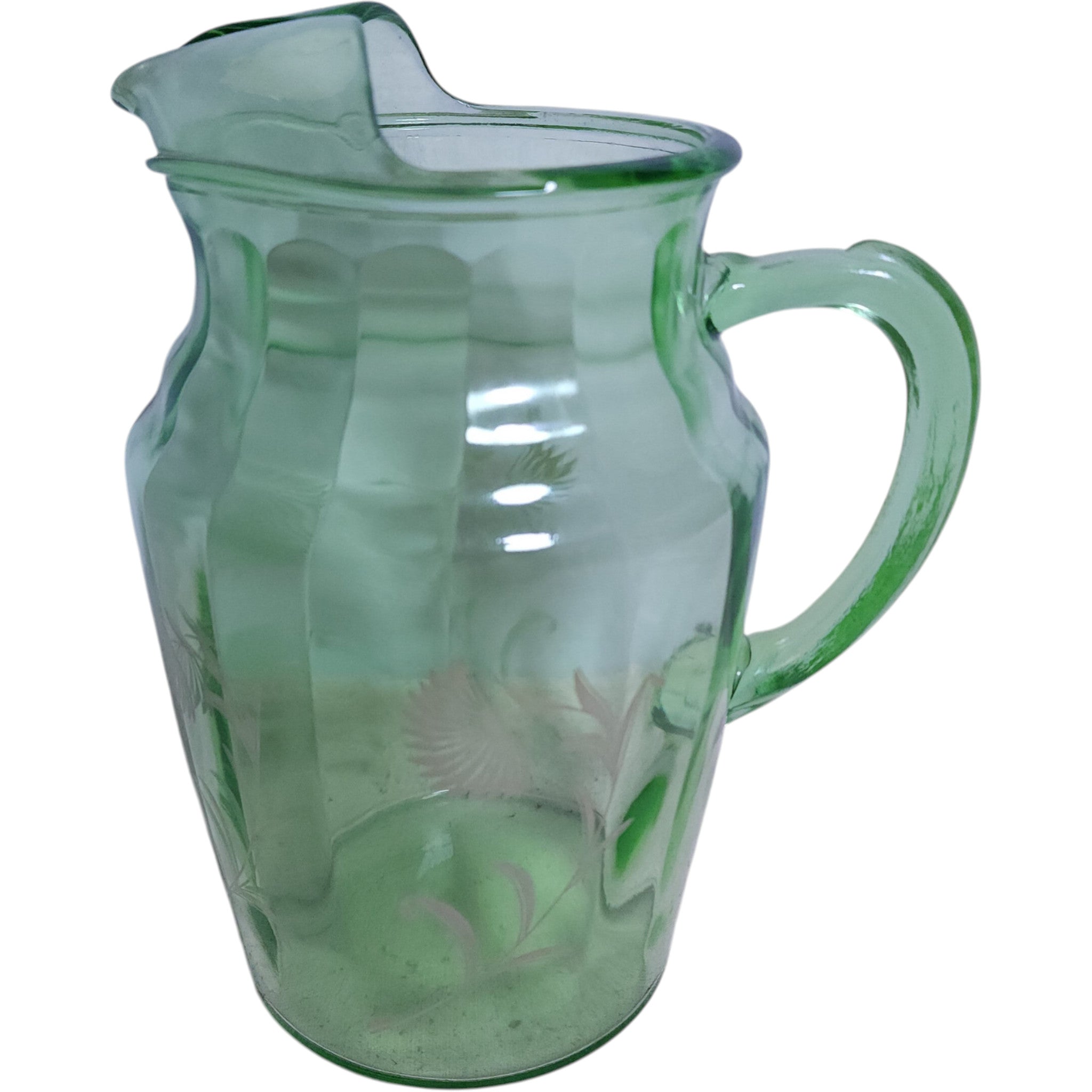 Hazel Atlas Green Uranium Glass Water Pitcher - Aster Pattern, 80 oz