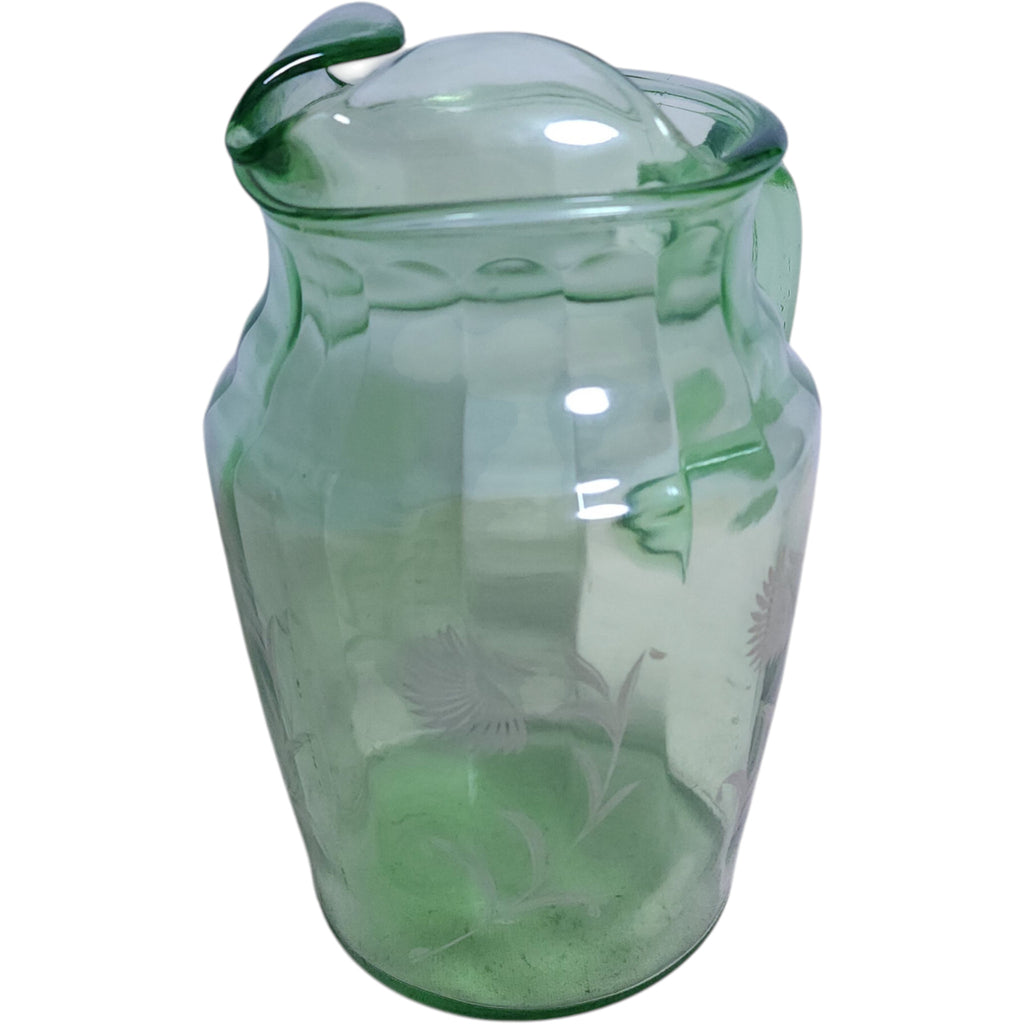 Hazel Atlas Green Uranium Glass Water Pitcher - Aster Pattern, 80 oz