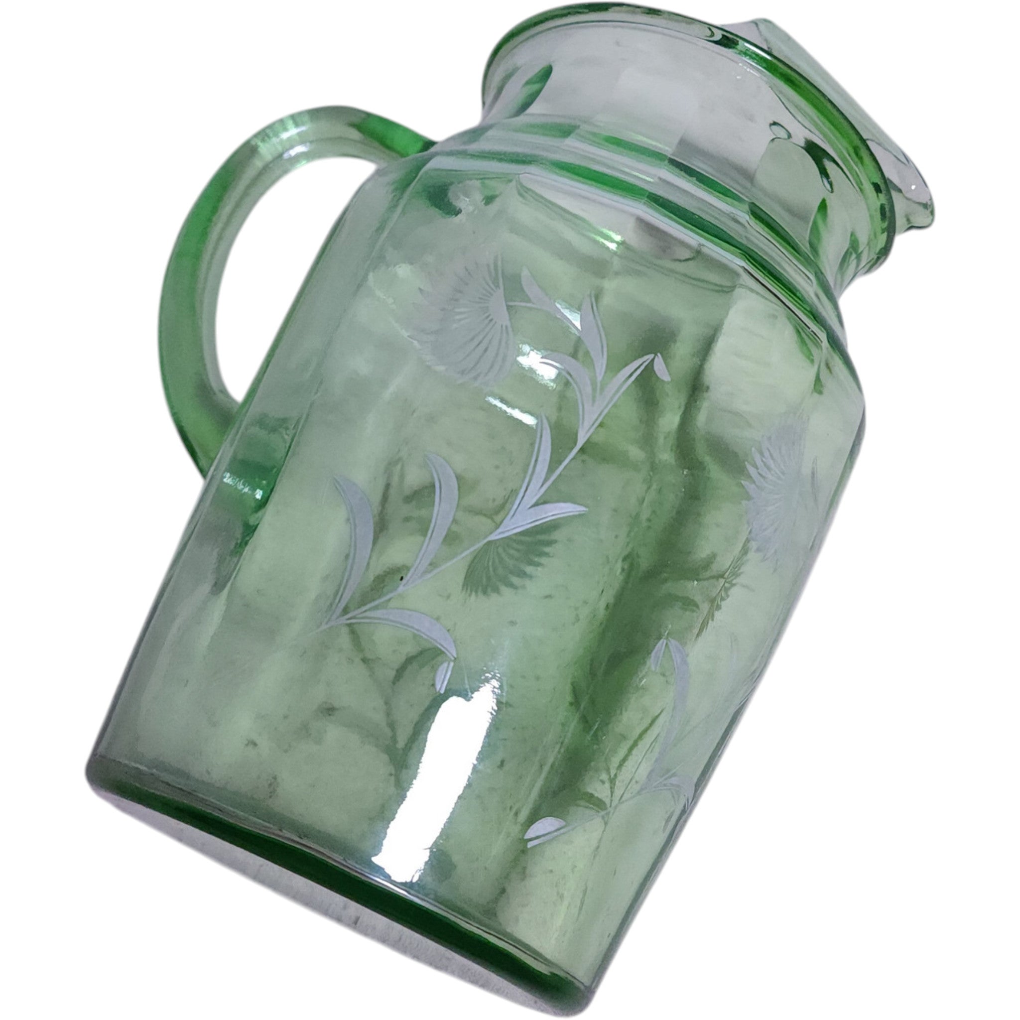Hazel Atlas Green Uranium Glass Water Pitcher - Aster Pattern, 80 oz
