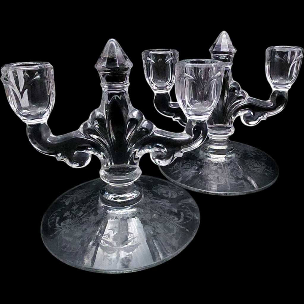 Heisey Orchid Etched Glass Double Light Candlestick Holders Pair