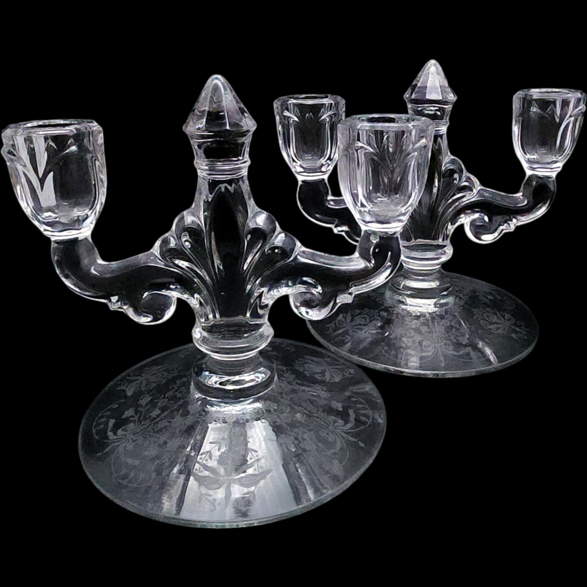 Heisey Orchid Etched Glass Double Light Candlestick Holders Pair