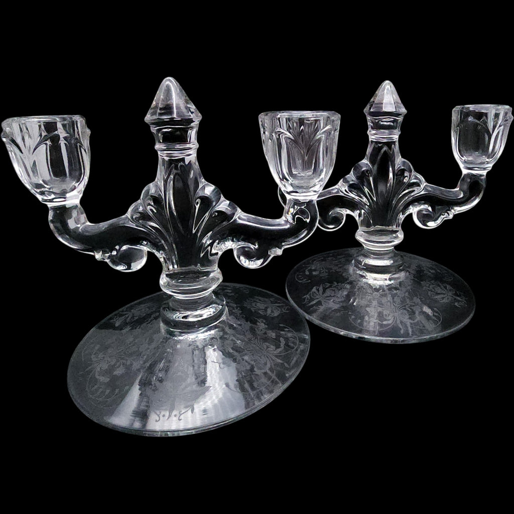 Heisey Orchid Etched Glass Double Light Candlestick Holders Pair