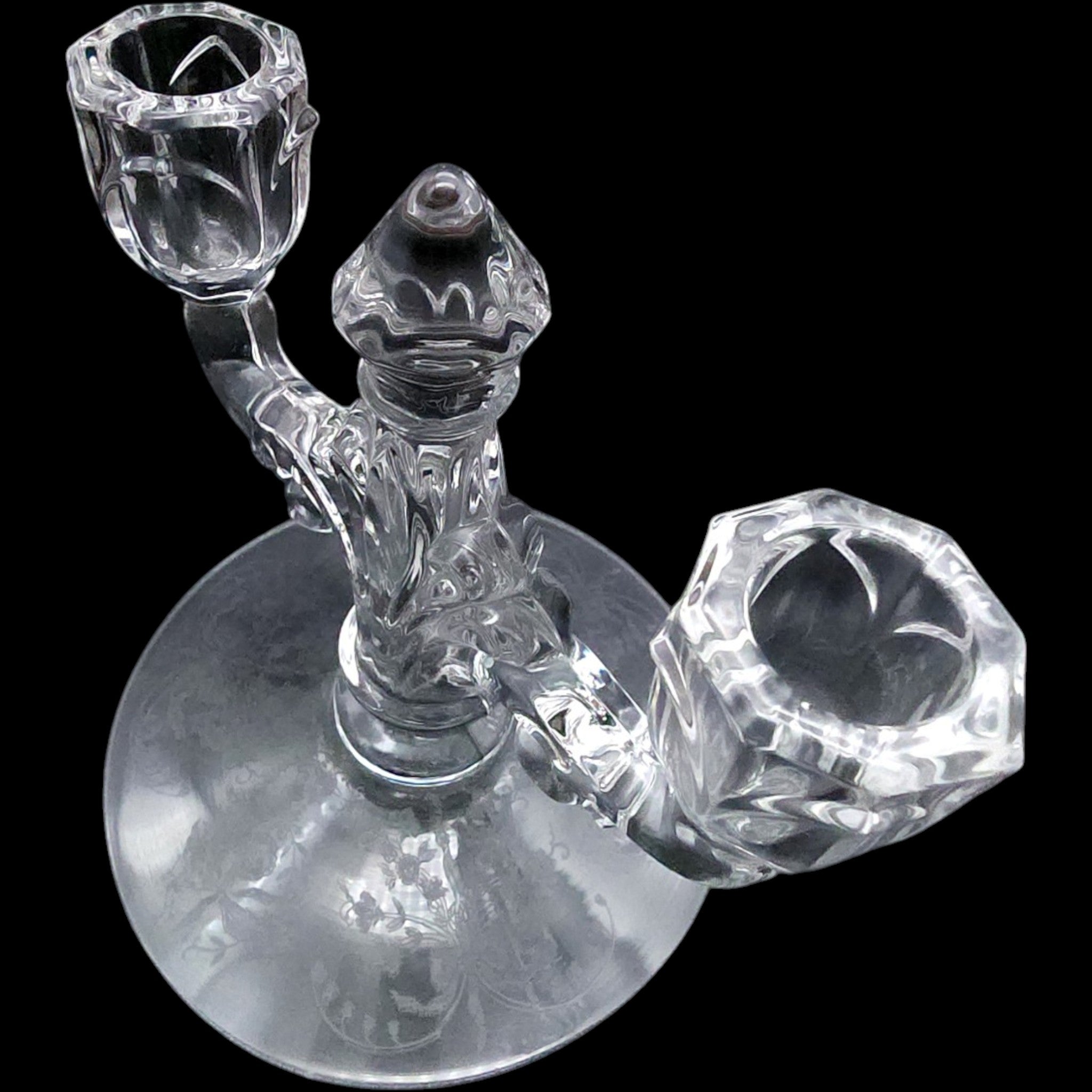 Heisey Orchid Etched Glass Double Light Candlestick Holders Pair