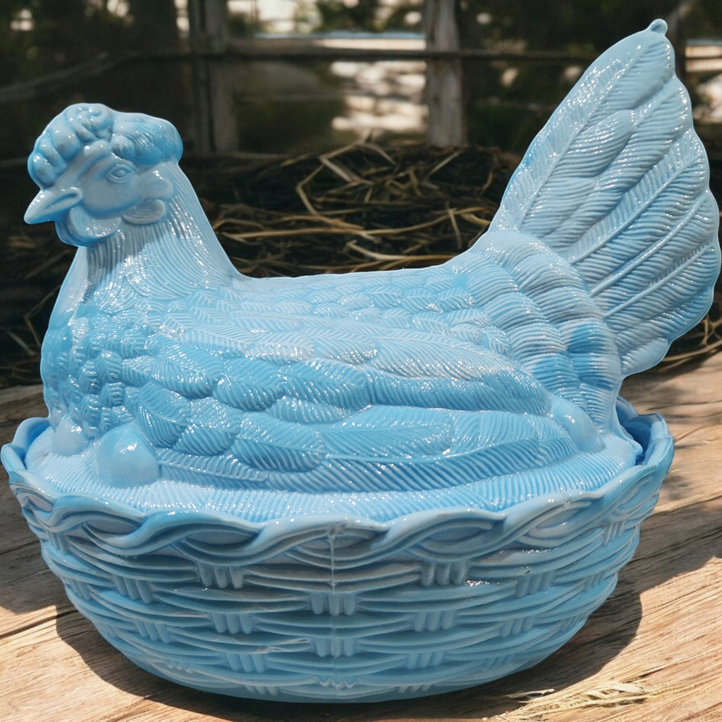 Heisey Blue Opaque Slag Glass Hen on Nest Box & Lid