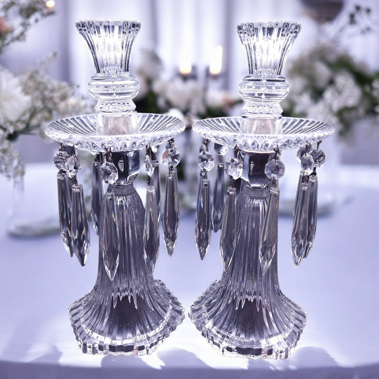 Heisey Ridgeleigh Heavy Pressed Candelabra Bobeche & 10 Prisms Set of 2