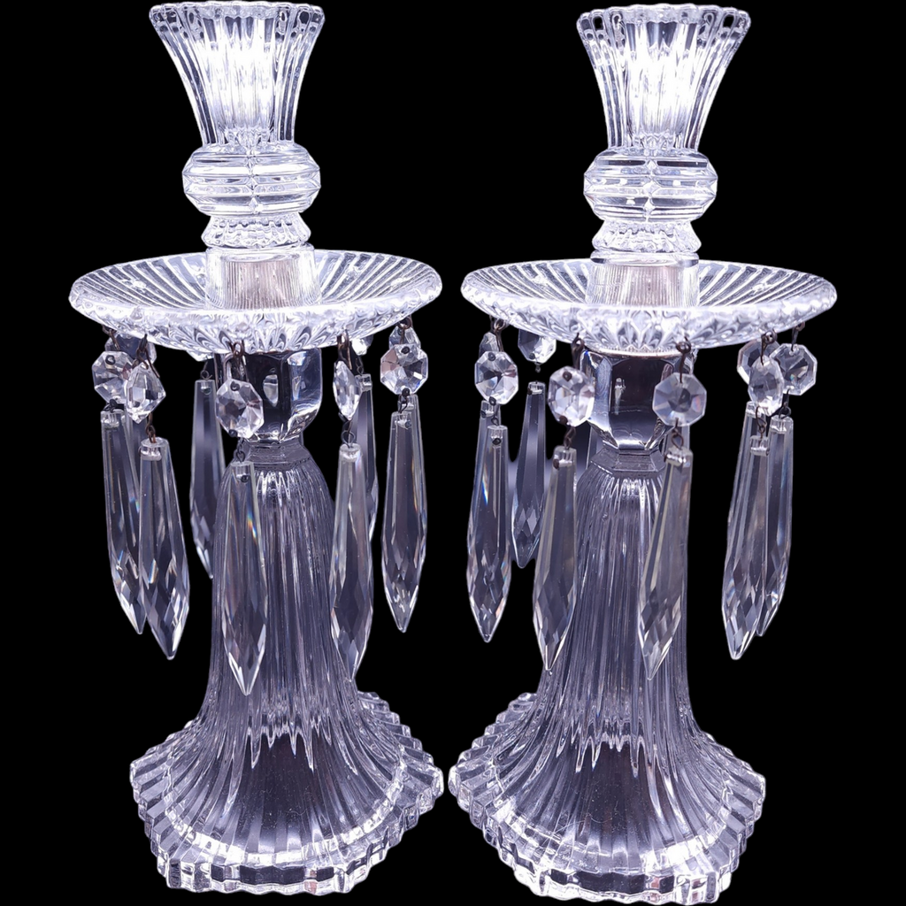 Heisey Ridgeleigh Heavy Pressed Candelabra Bobeche & 10 Prisms Set of 2