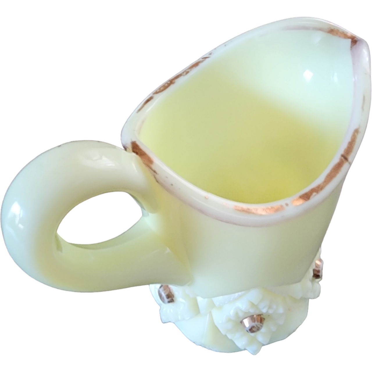 Heisey Rose Floral Uranium Glass UV Glows Yellow Milk Glass Miniature Pitcher