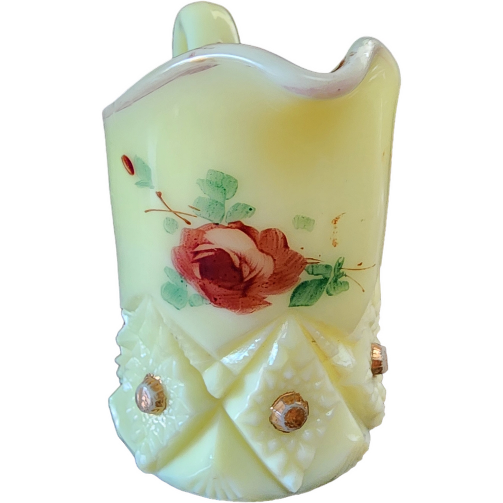 Heisey Rose Floral Uranium Glass UV Glows Yellow Milk Glass Miniature Pitcher