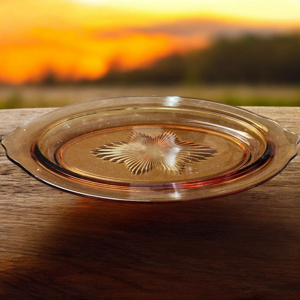Heisey Touraine Amber Oval Glass Serving Tray with Starburst Pattern