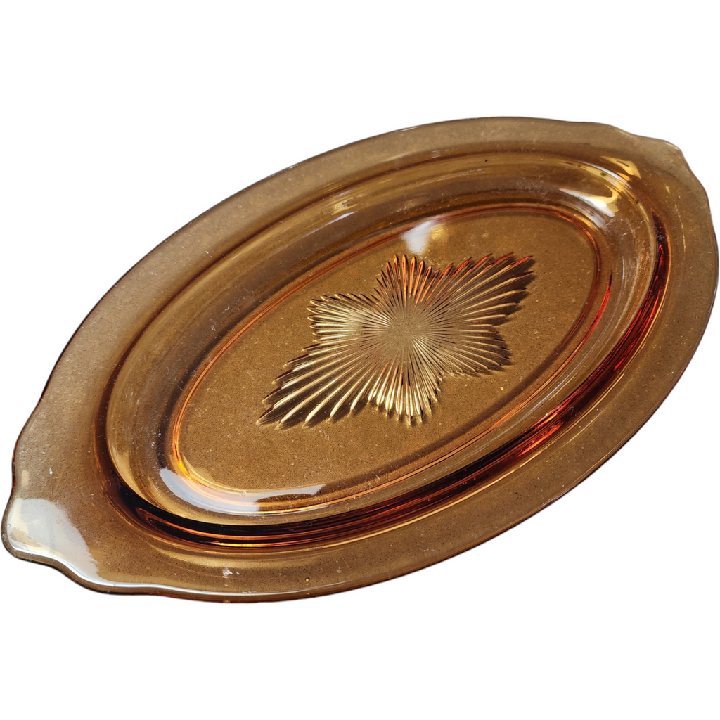 Heisey Touraine Amber Oval Glass Serving Tray with Starburst Pattern