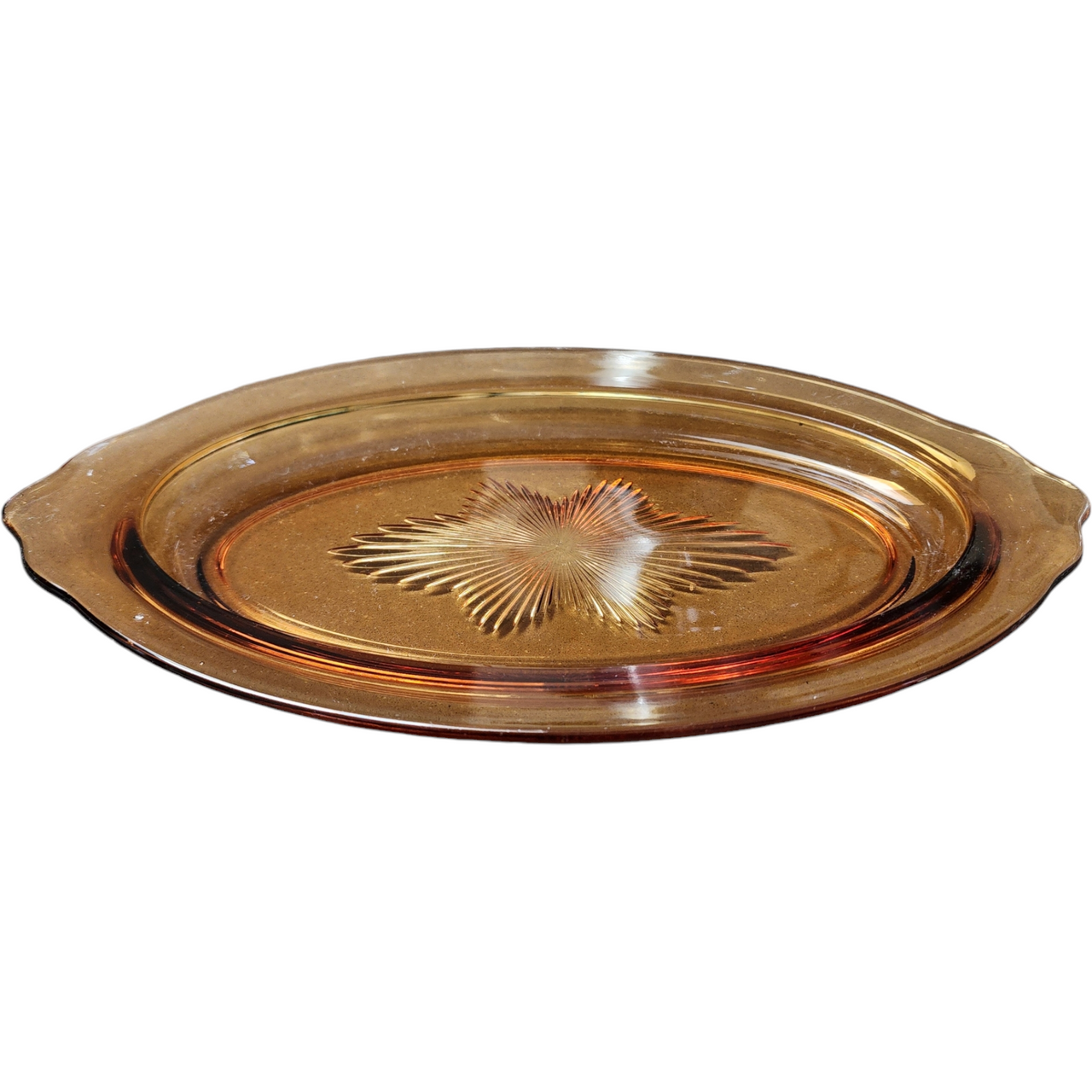 Heisey Touraine Amber Oval Glass Serving Tray with Starburst Pattern