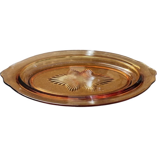 Heisey Touraine Amber Oval Glass Serving Tray with Starburst Pattern
