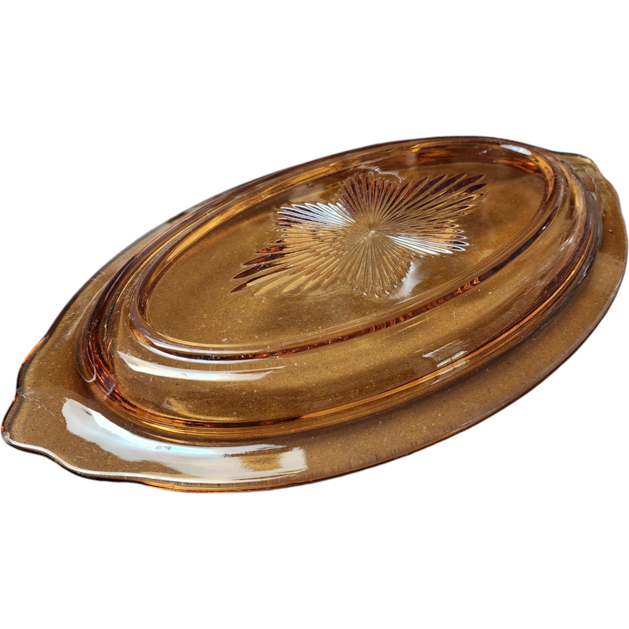 Heisey Touraine Amber Oval Glass Serving Tray with Starburst Pattern