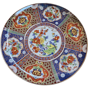 Heygill Imari Rust, Blue, Green & Yellow, Coupe, Gold Trim Chop Plate Round Platter Japan