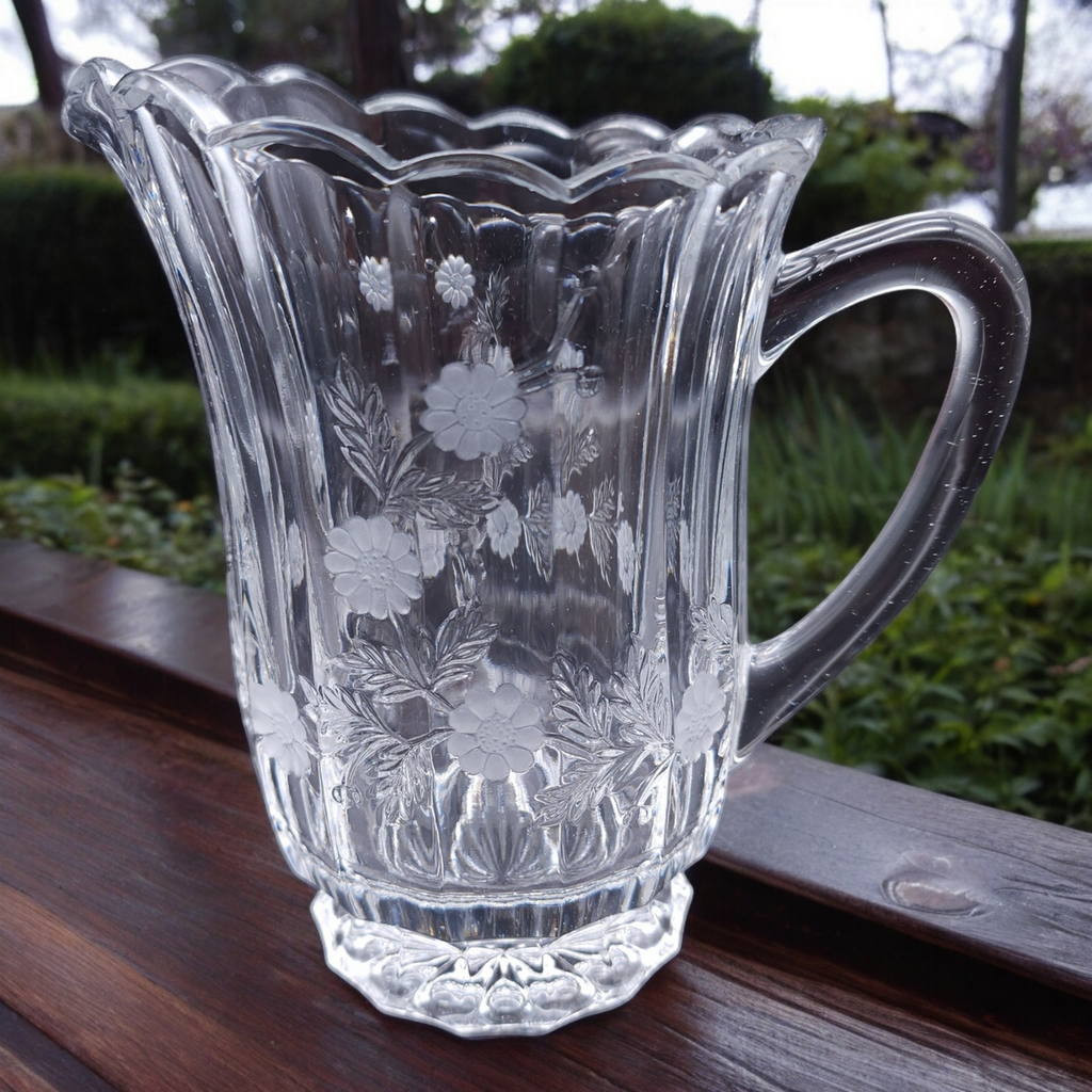 Heavy High-Quality Clear Cut Crystal Pitcher with Floral Etchings