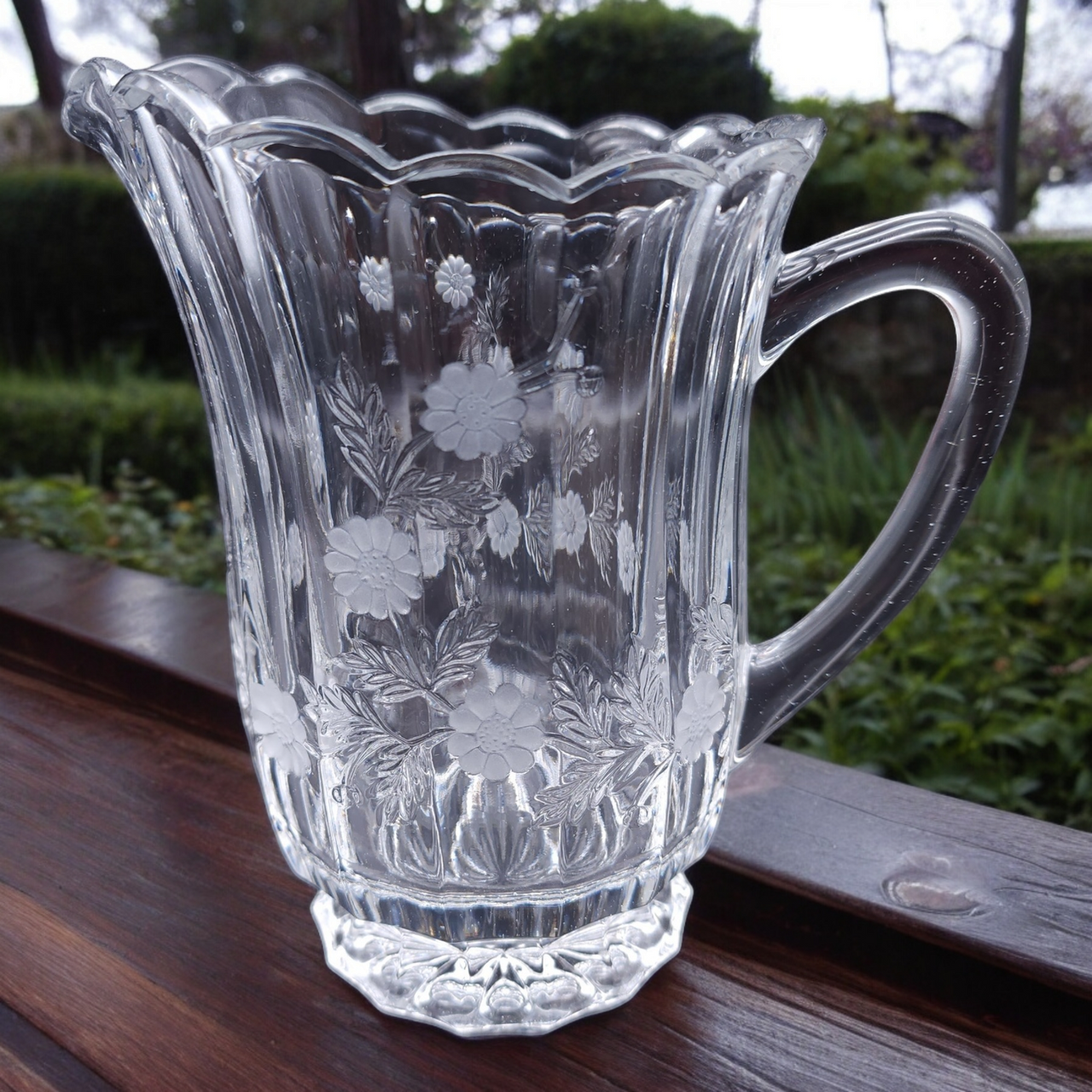 Heavy High-Quality Clear Cut Crystal Pitcher with Floral Etchings