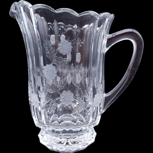 Heavy High-Quality Clear Cut Crystal Pitcher with Floral Etchings