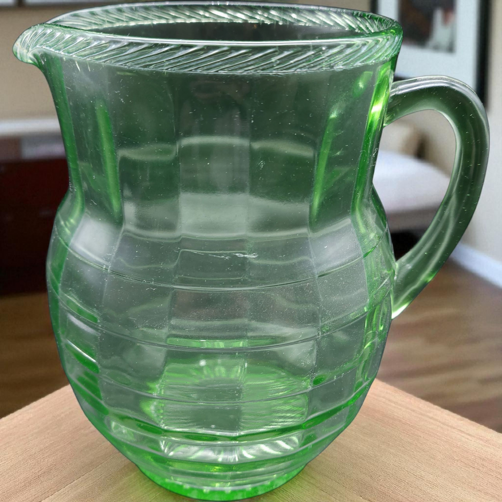 Hocking Glass Company Uranium Green Depression Glass 80Oz Pitcher Braided Block Optic Pattern, 1930s