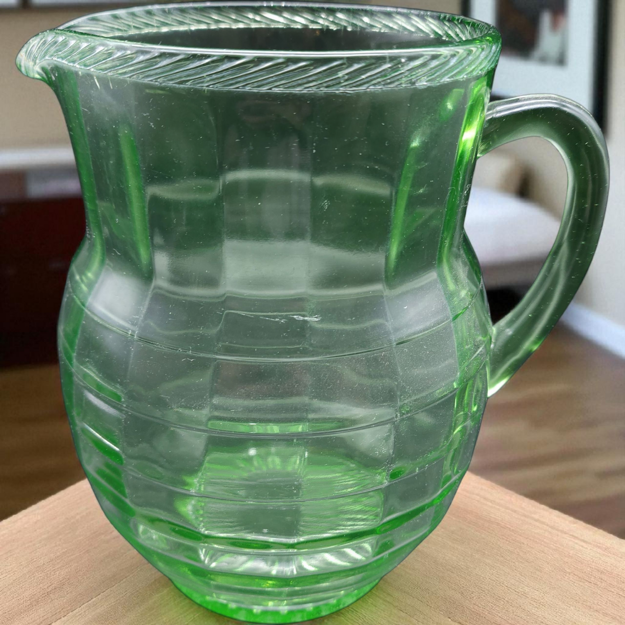Hocking Glass Company Uranium Green Depression Glass 80Oz Pitcher Braided Block Optic Pattern, 1930s