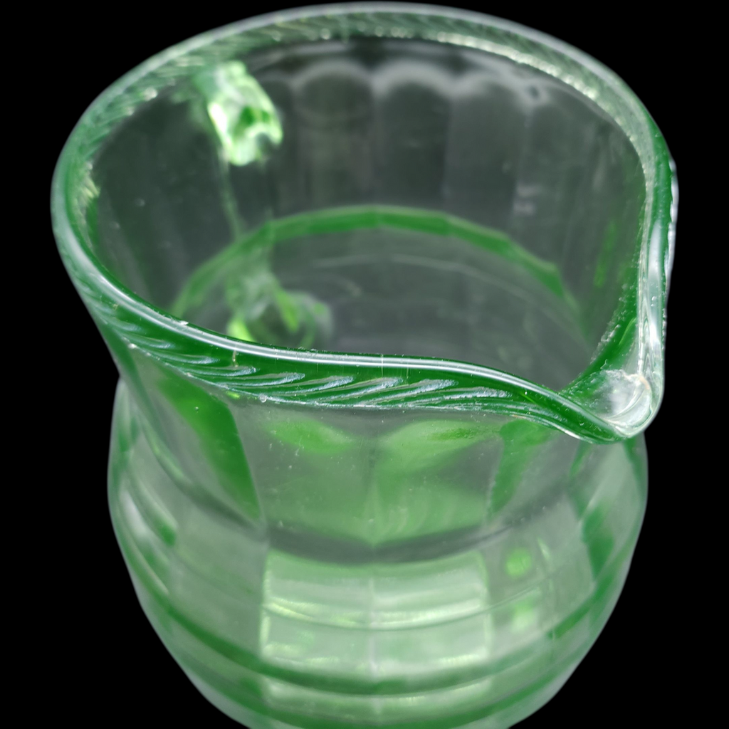 Hocking Glass Company Uranium Green Depression Glass 80Oz Pitcher Braided Block Optic Pattern, 1930s