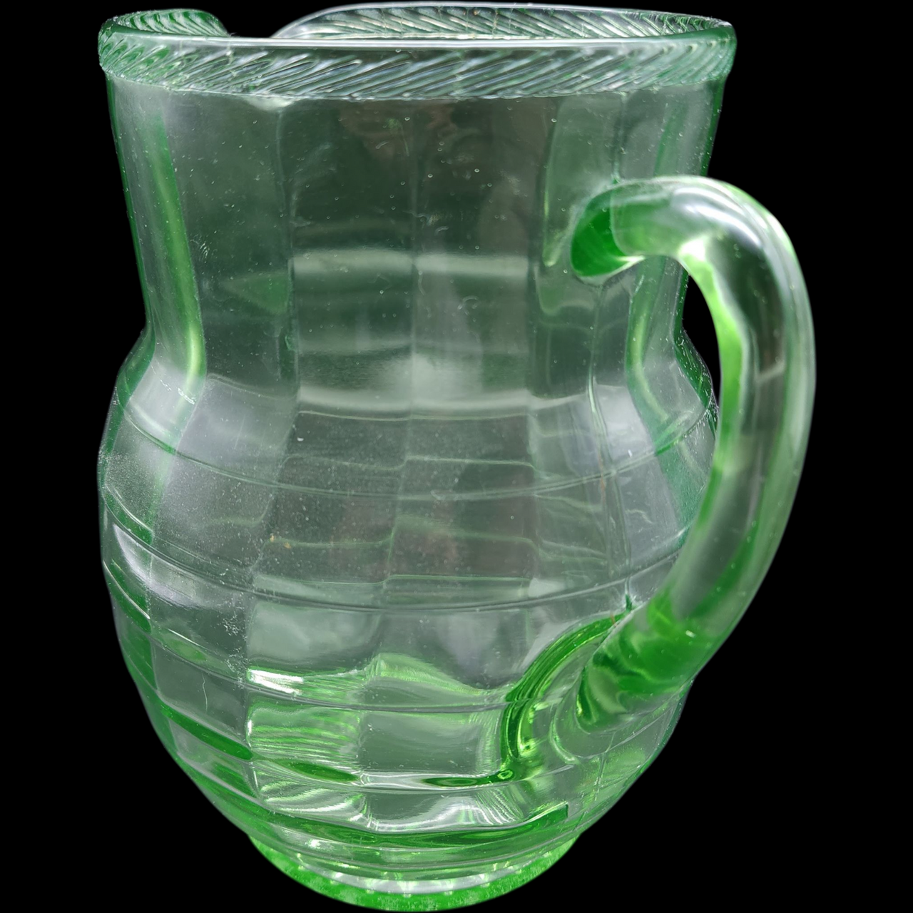 Hocking Glass Company Uranium Green Depression Glass 80Oz Pitcher Braided Block Optic Pattern, 1930s