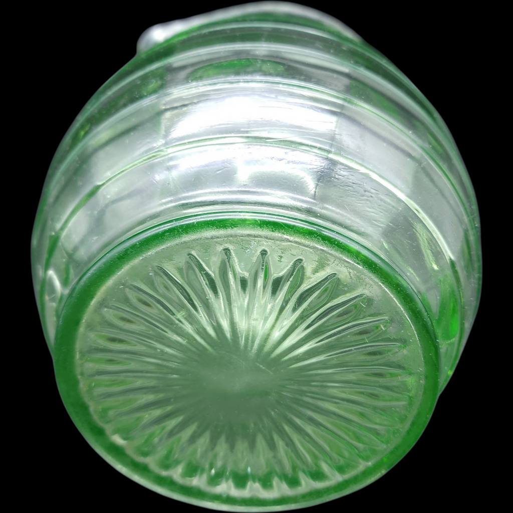 Hocking Glass Company Uranium Green Depression Glass 80Oz Pitcher Braided Block Optic Pattern, 1930s
