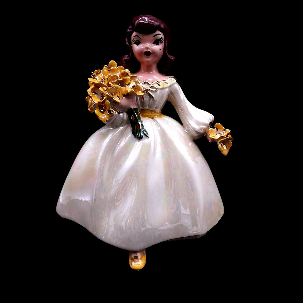 Holland Mold Ceramic Girl Figurine with Yellow Flowers Bouquet