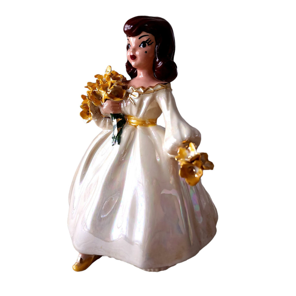 Holland Mold Ceramic Girl Figurine with Yellow Flowers Bouquet