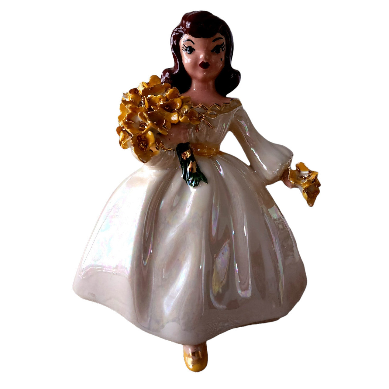 Holland Mold Ceramic Girl Figurine with Yellow Flowers Bouquet