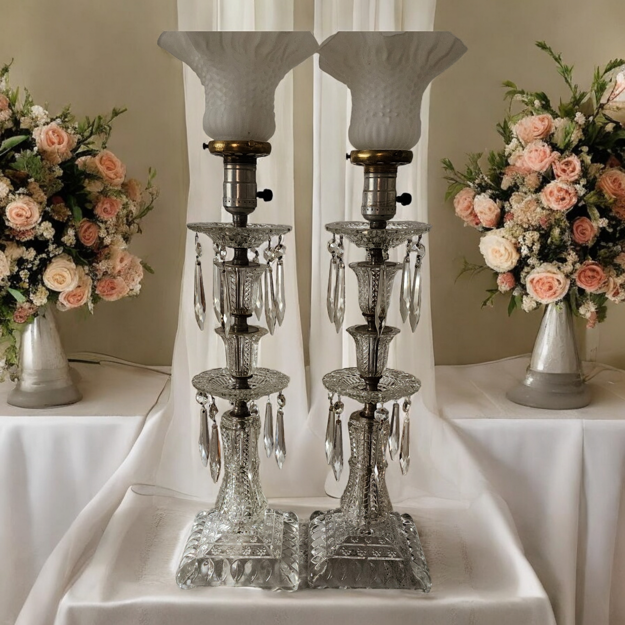 Hollywood Regency Crystal Prisms Waterfall  With Bases Lamp Pair
