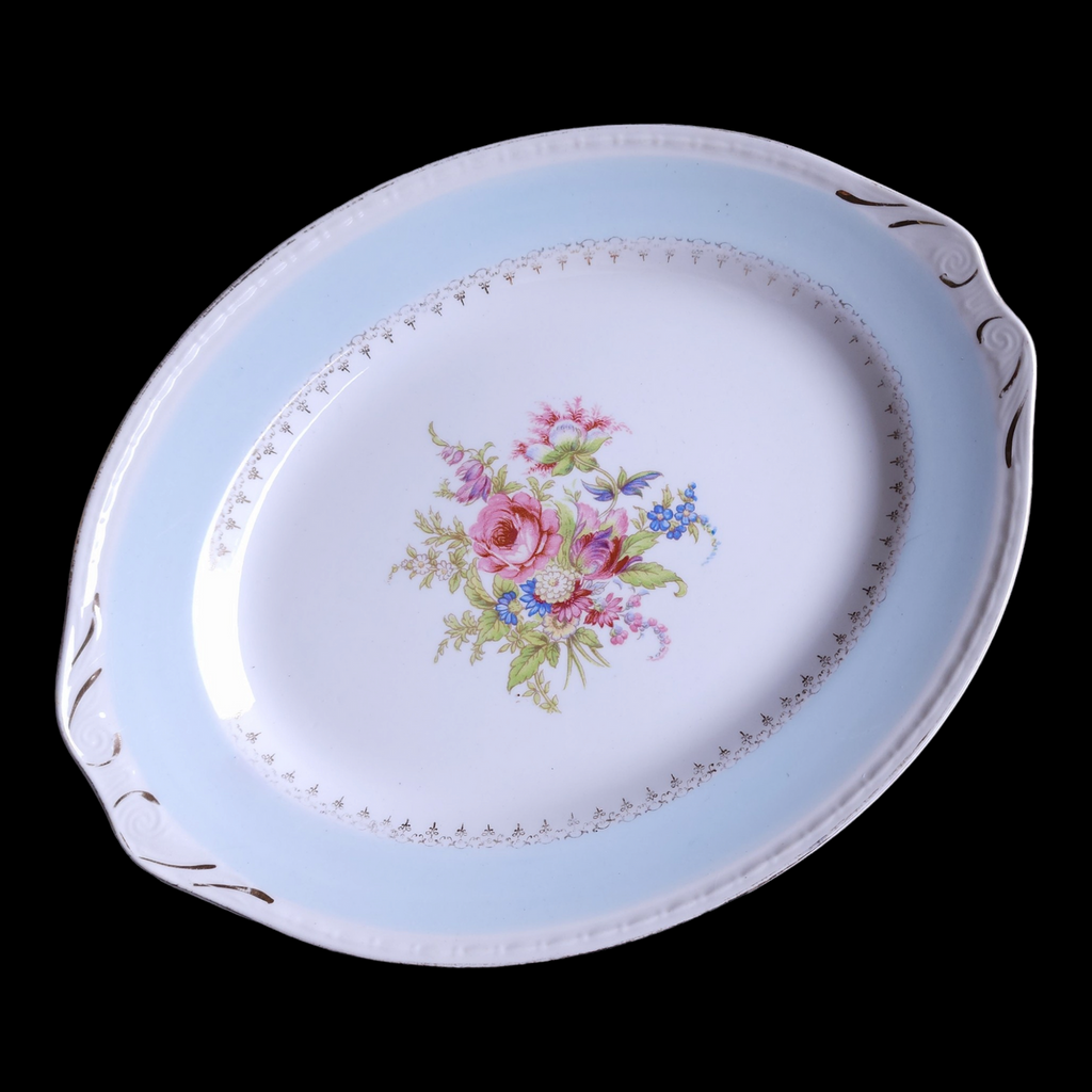 Homer Laughlin Chateau Light Blue Border Floral Center Filigree Oval Serving Platter
