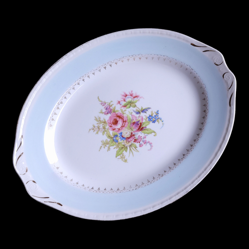 Homer Laughlin Chateau Light Blue Border Floral Center Filigree Oval Serving Platter