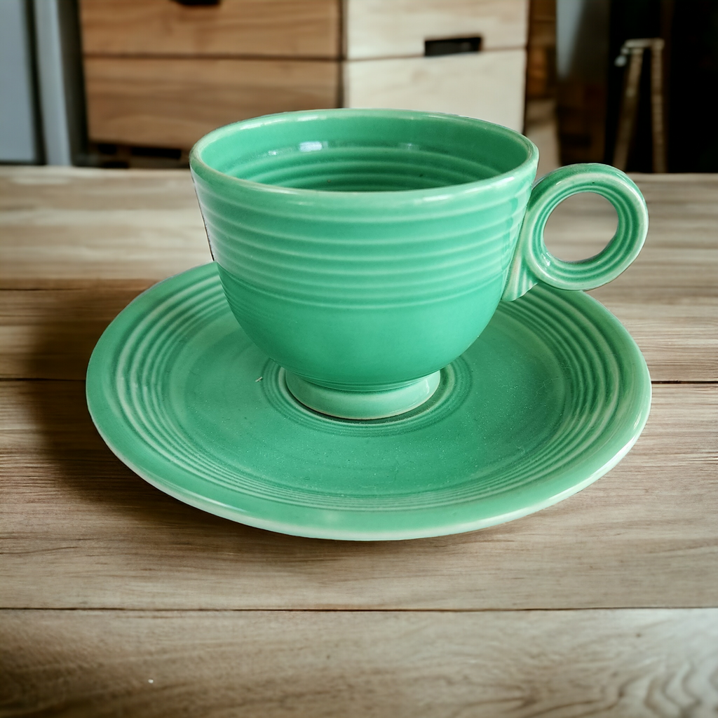 Homer Laughlin Fiesta Light Green Older Footed Cup & Saucer Set