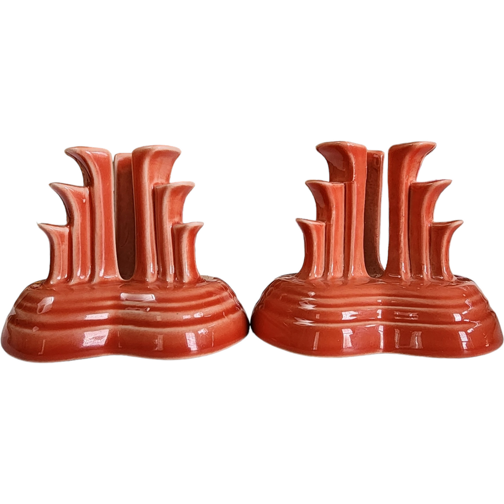 Homer Laughlin Fiesta Poppy Red Pyramid Candle Holder Candlestick Set of Two