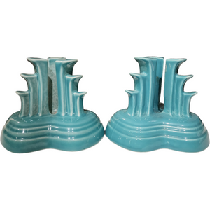 Homer Laughlin Fiesta Turquoise Pyramid Candle holder Candlestick Set of 2