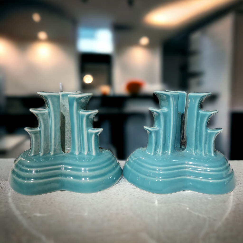 Homer Laughlin Fiesta Turquoise Pyramid Candle holder Candlestick Set of 2