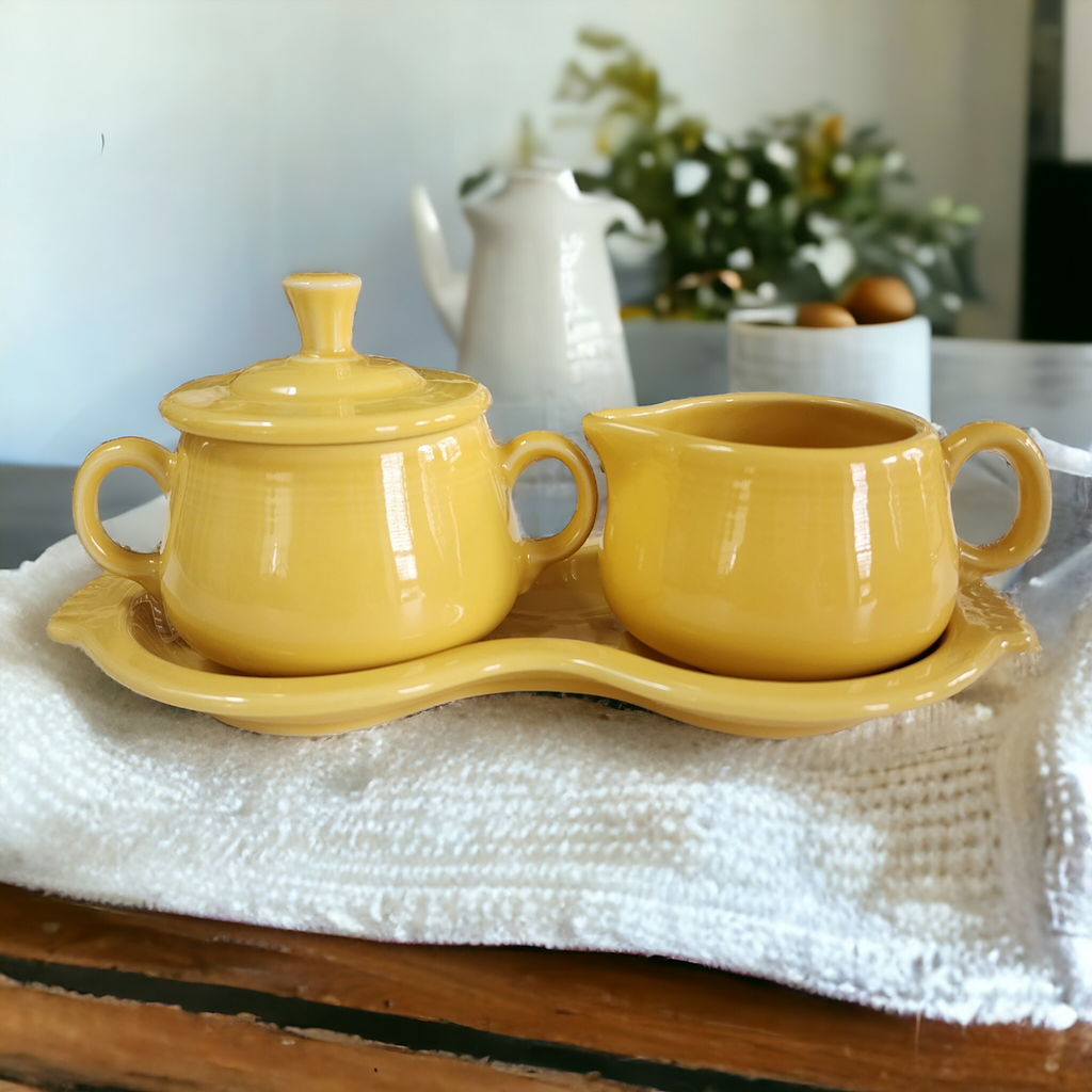 Homer Laughlin Fiesta Yellow Creamer & Sugar with Lid & Tray Set