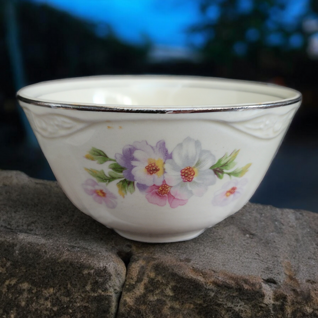 Homer Laughlin Virginia Rose Platinum Trim Cranberry Bowl