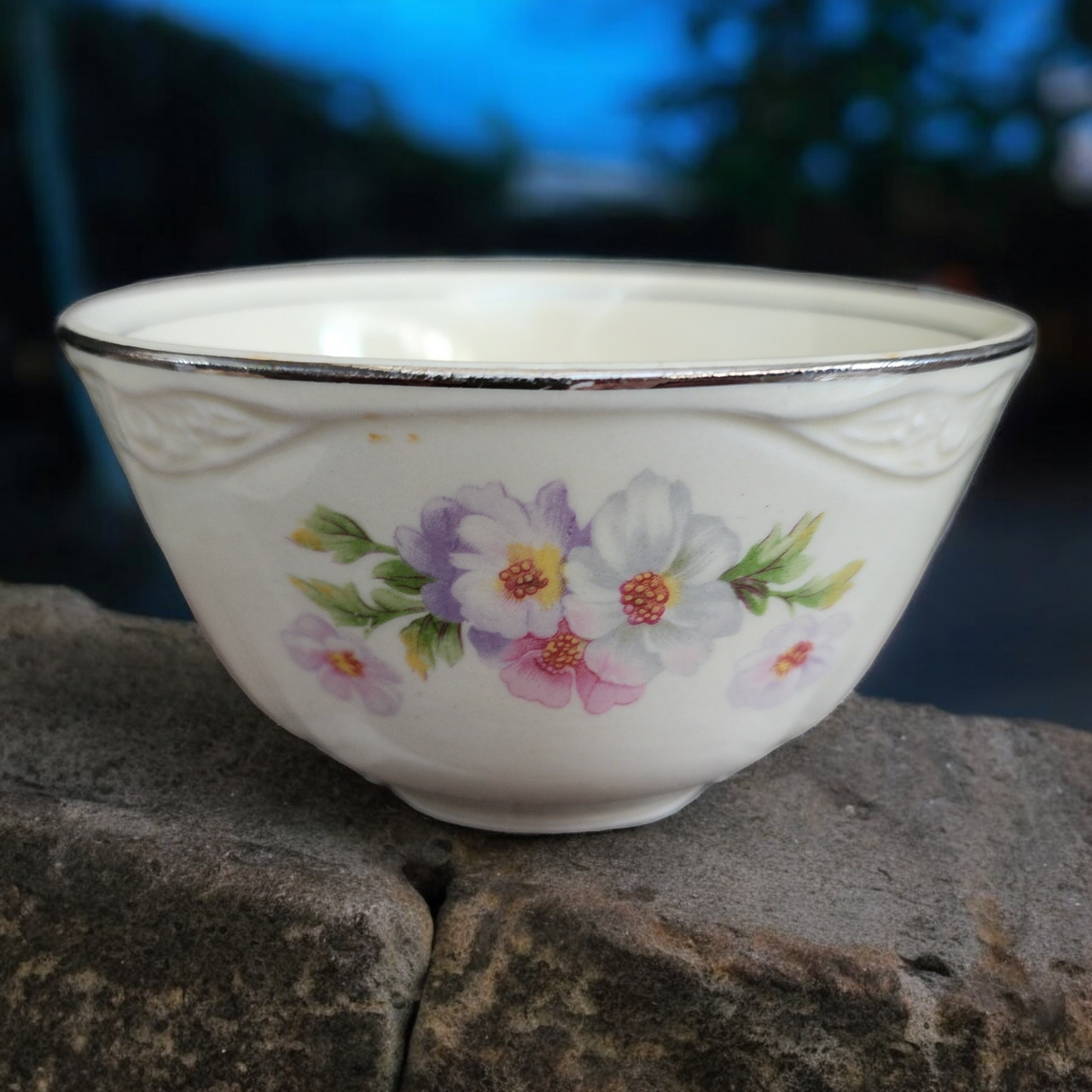 Homer Laughlin Virginia Rose Platinum Trim Cranberry Bowl