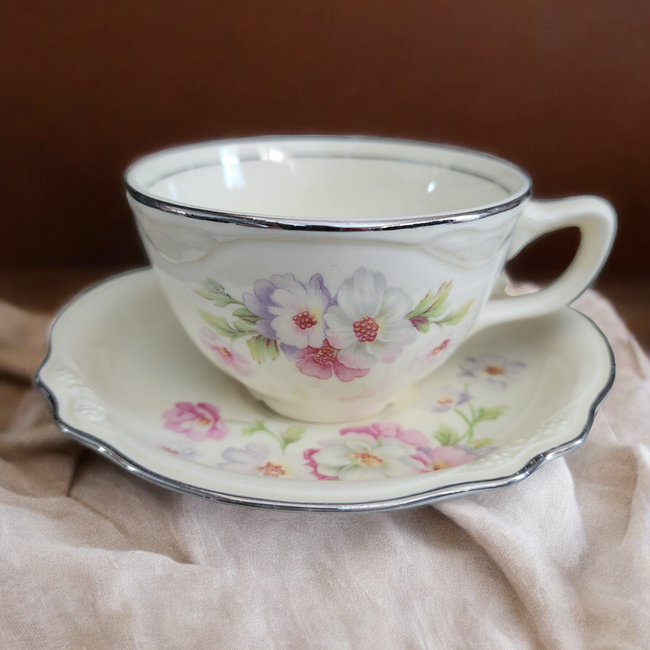 Homer Laughlin Fluffy Rose Pink & White Flowers Flat Cup & Saucer Set