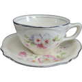 Homer Laughlin Fluffy Rose Pink & White Flowers Flat Cup & Saucer Set