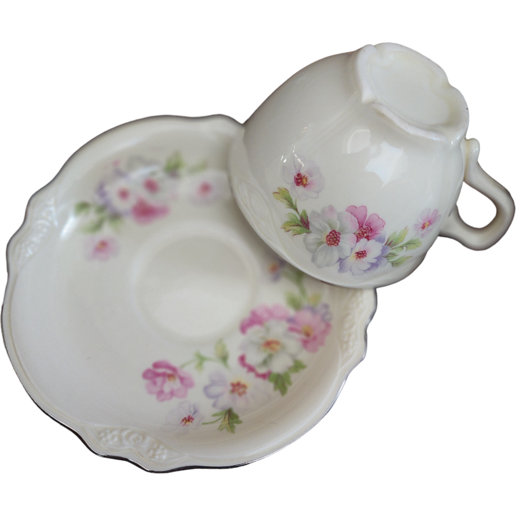 Homer Laughlin Fluffy Rose Pink & White Flowers Flat Cup & Saucer Set