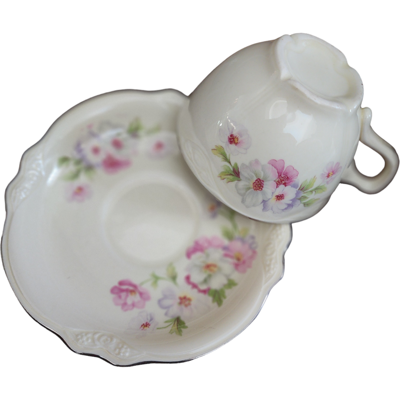 Homer Laughlin Fluffy Rose Pink & White Flowers Flat Cup & Saucer Set