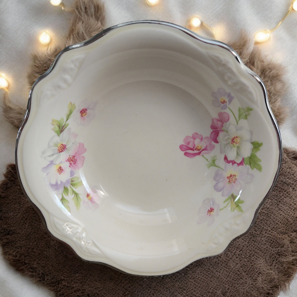Homer Laughlin Fluffy Virginia Rose Platinum Trim Pink & White Flowers Fruit Dessert Sauce Bowl