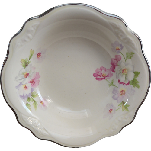 Homer Laughlin Fluffy Virginia Rose Platinum Trim Pink & White Flowers Fruit Dessert Sauce Bowl