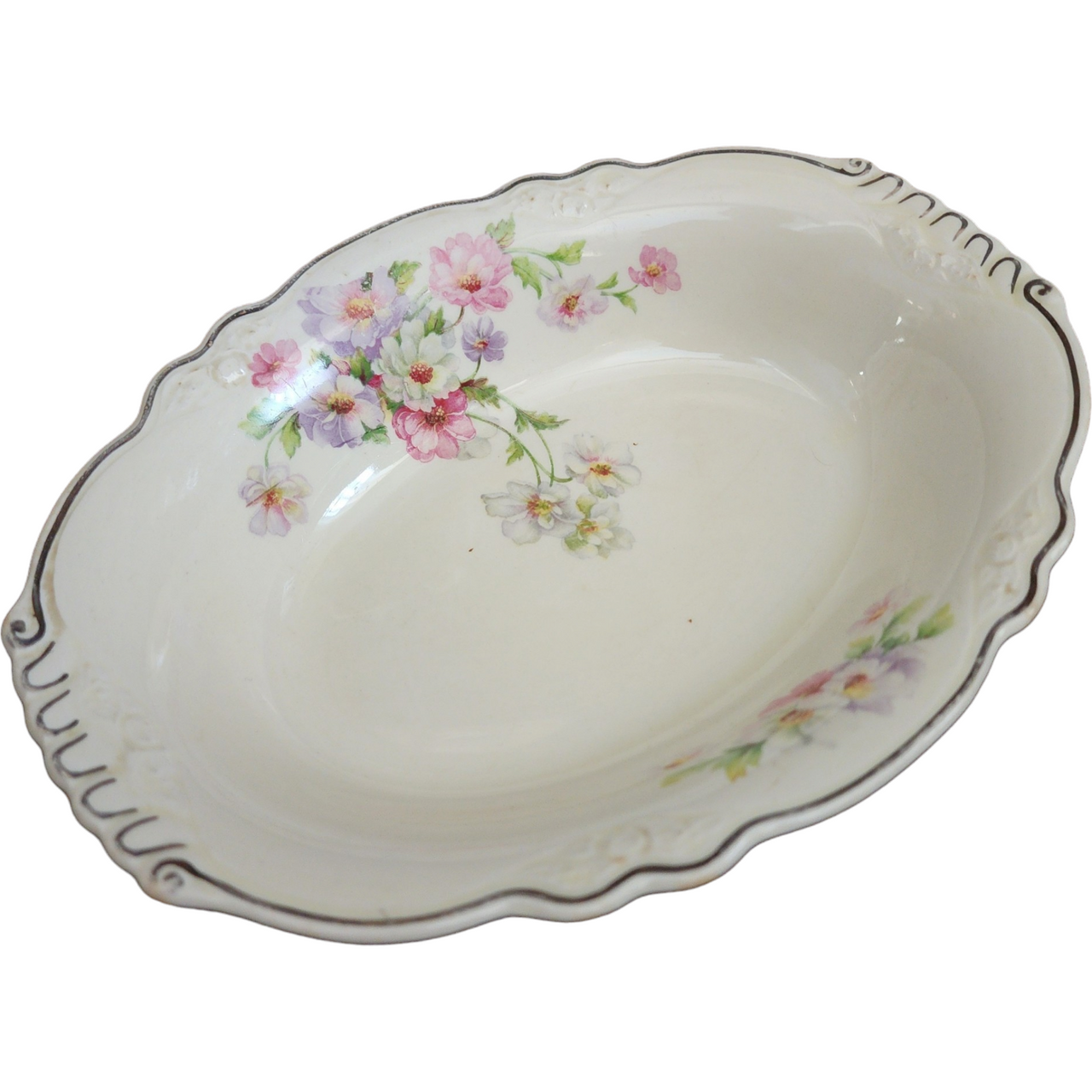 Homer Laughlin Fluffy Virginia Rose Platinum Trim Pink & White Flowers Oval Vegetable Bowl