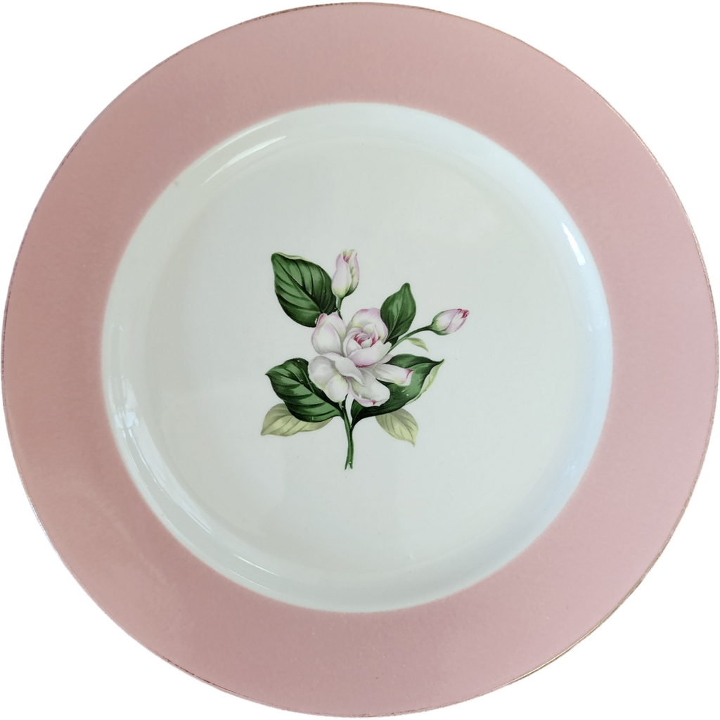 Homer Laughlin Glenwood Pink Rim, Pink/White Roses, Gold Trim Dinner Plate